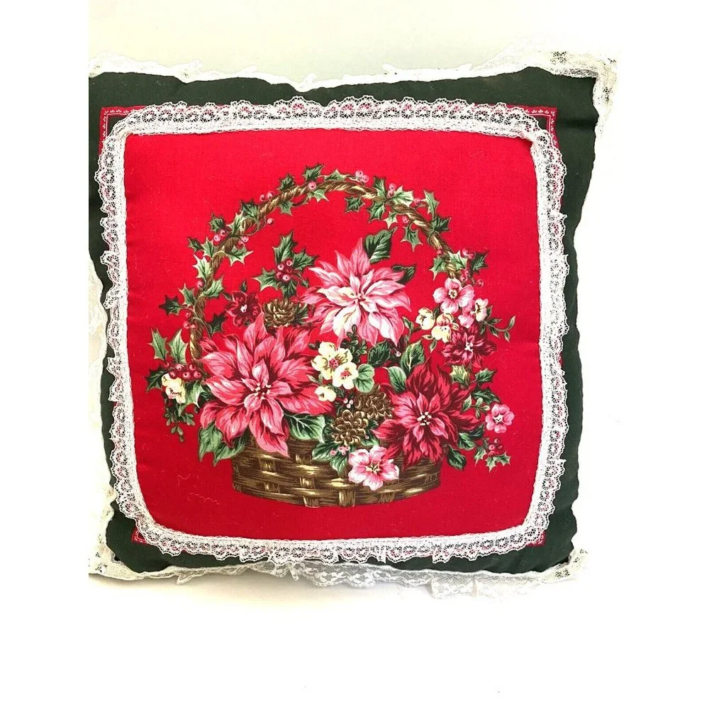 Vintage handmade Christmas throw pillows poinsettias trimmed in lace MCM Retro
